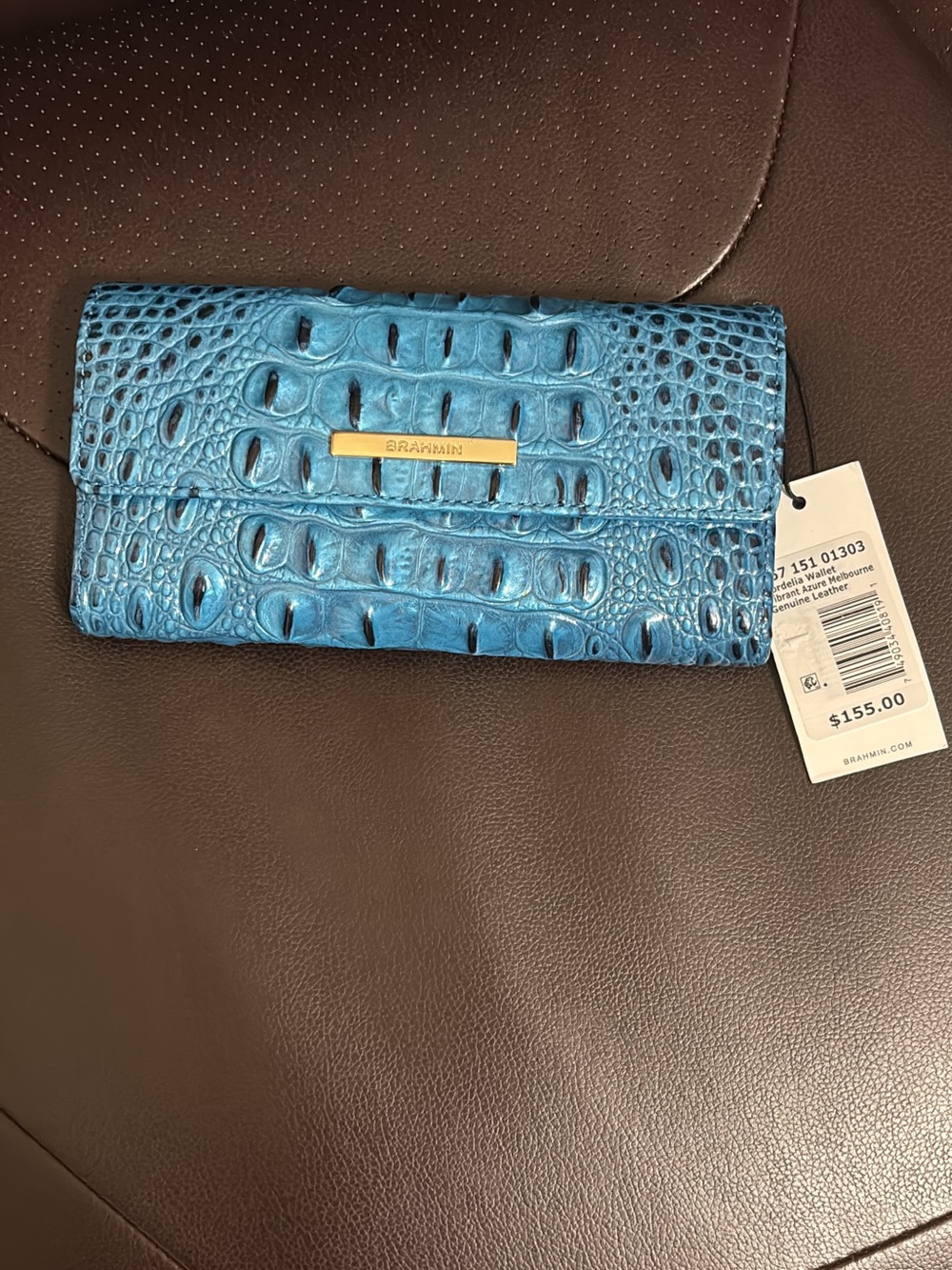 Brahmin NWT Vibrant Azure Cordelia Croc Embossed Leather Clutch Wallet